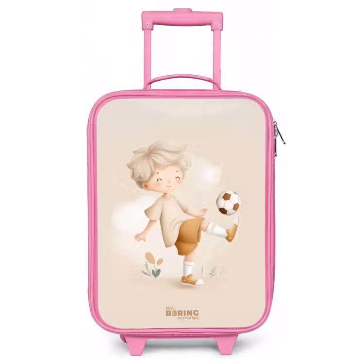 Jongen met een voetbal in beige kleuren Kinderkoffer - Roze klein -zz3dotto