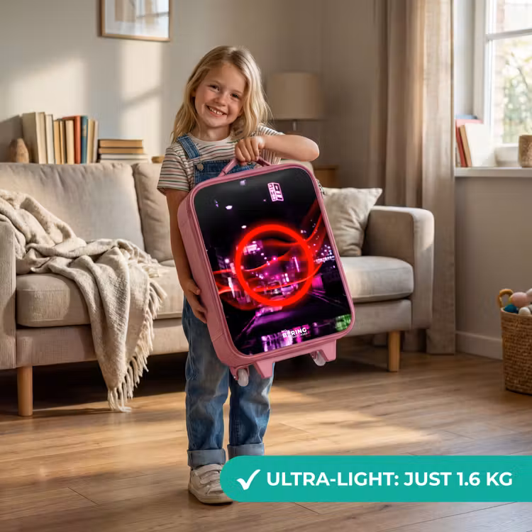 Felrode cirkel boven een neonverlichte stad Kinderkoffer - Roze klein -sfeer2_EN