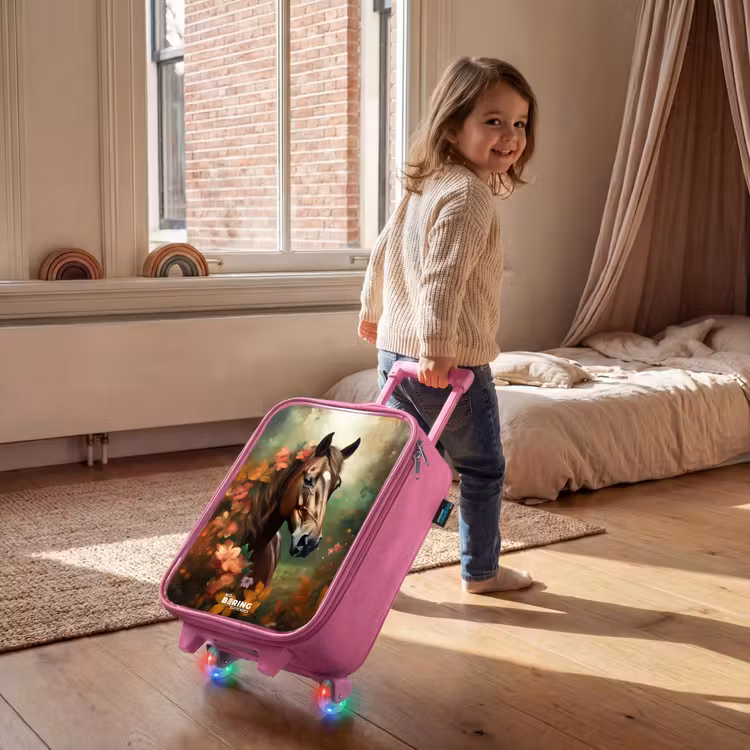 Bruin paard tussen de bloemen Kinderkoffer - Roze klein -sfeer1