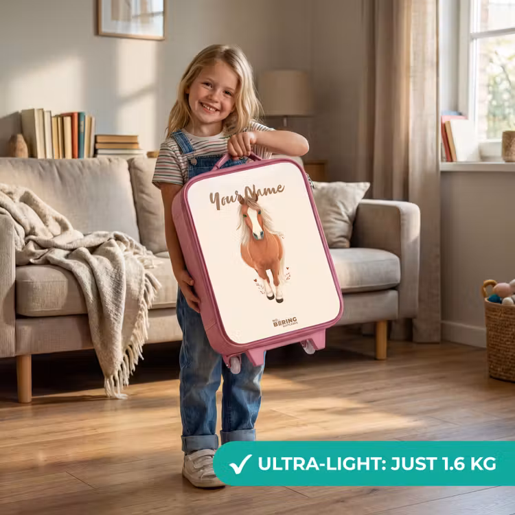 Bruin paard in gallop Kinderkoffer - Roze klein -sfeer2_EN