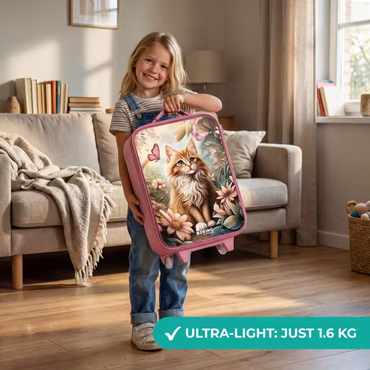 Kat in bloemenveld met roze vlinders. Kinderkoffer - Roze klein -sfeer2_EN