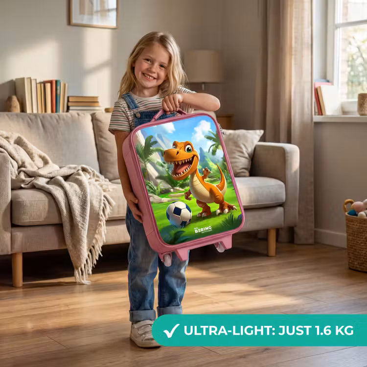 Dino met een voetbal in groen landschap Kinderkoffer - Roze klein -sfeer2_EN