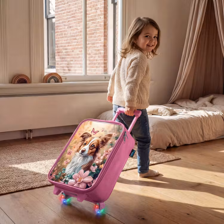 Hond in bloemenveld met vlinders Kinderkoffer - Roze klein -sfeer1