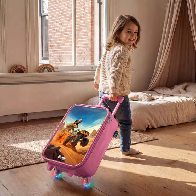 Vluchtende truck voor T-Rex in vurige woestijn Kinderkoffer - Roze klein -sfeer1