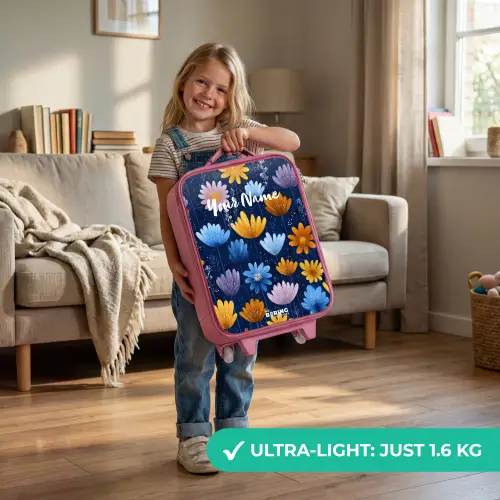 Bloemen op een donkerblauwe achtergrond Kinderkoffer - Roze klein -sfeer2_EN