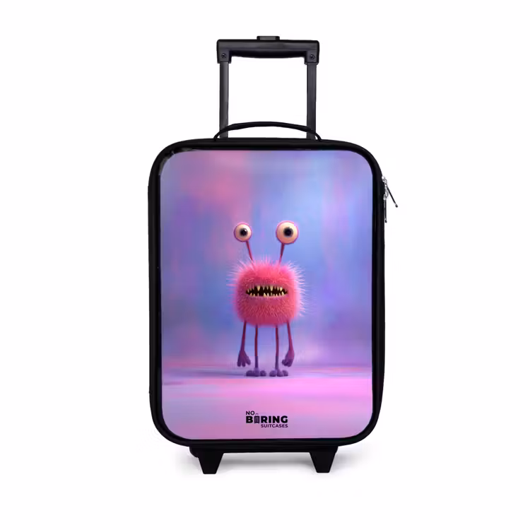 Roze harig monster met grote ogen Kinderkoffer - Zwart klein -3d