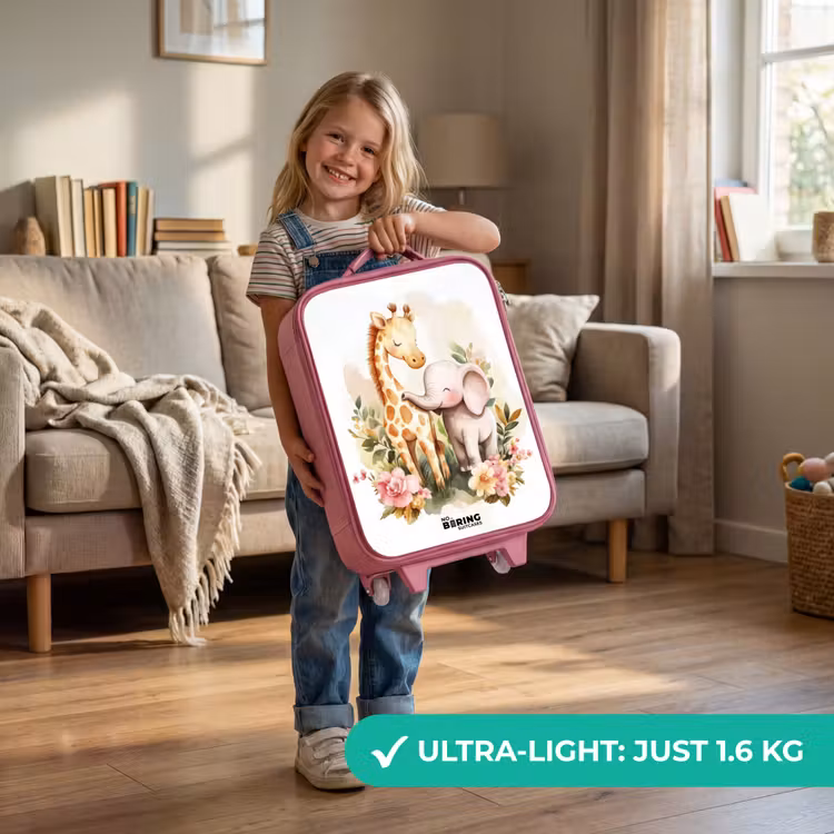 Giraffe en olifant tussen bloemen op witte achtergrond Kinderkoffer - Roze klein -sfeer2_EN