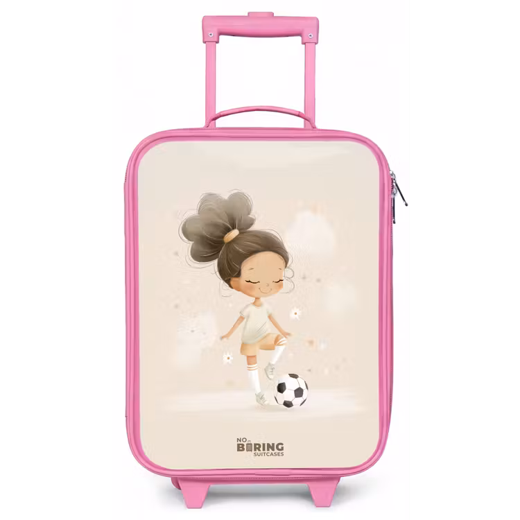 Meisje met een voetbal in beige kleuren Kinderkoffer - Roze klein -zz3dotto