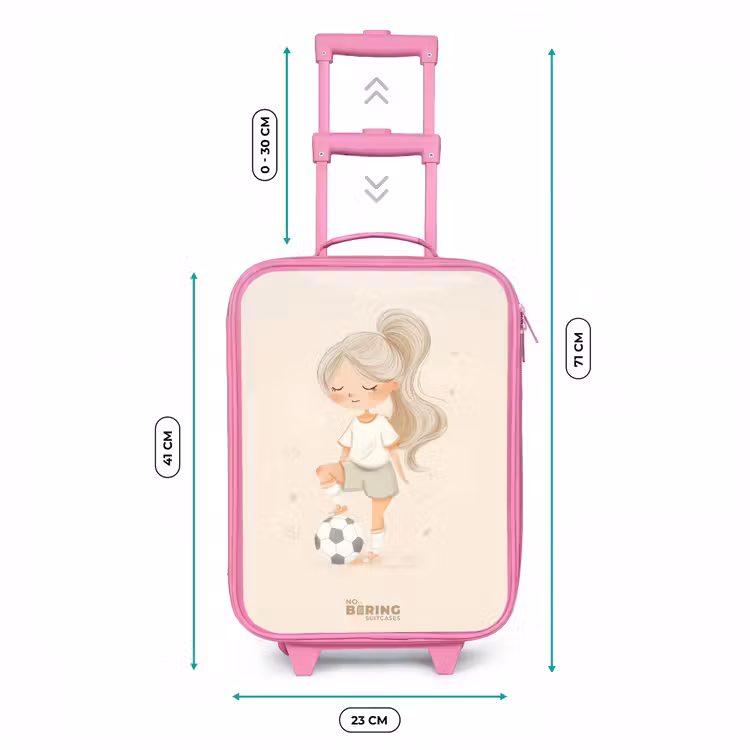 Meisje met een voetbal in beige kleuren Kinderkoffer - Roze klein -productfoto_formaten