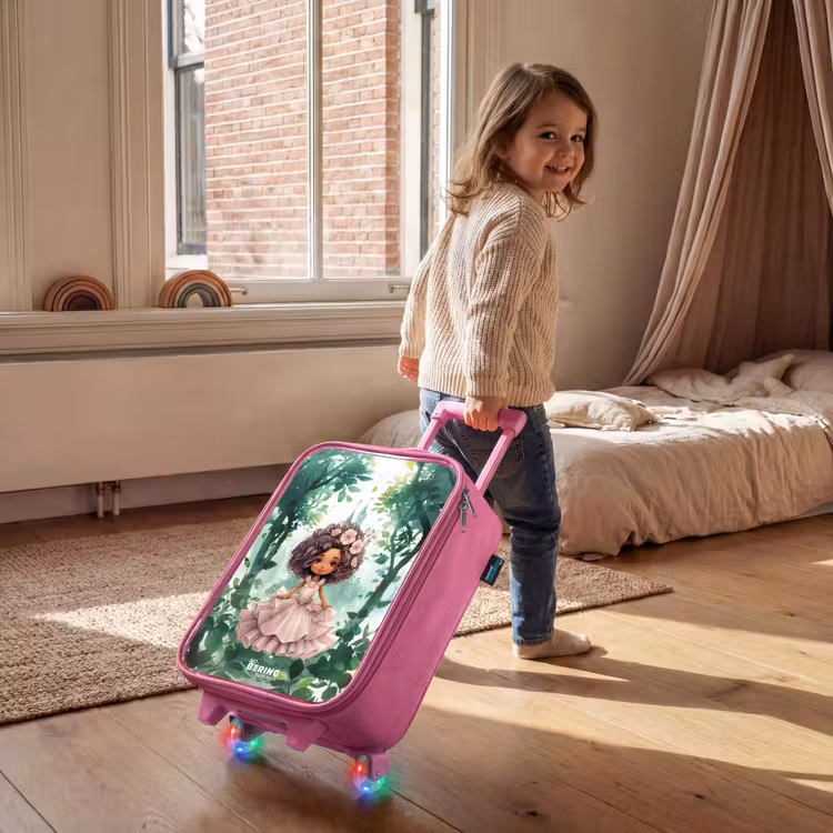 Meisje met donkere krullen in het bos Kinderkoffer - Roze klein -sfeer1