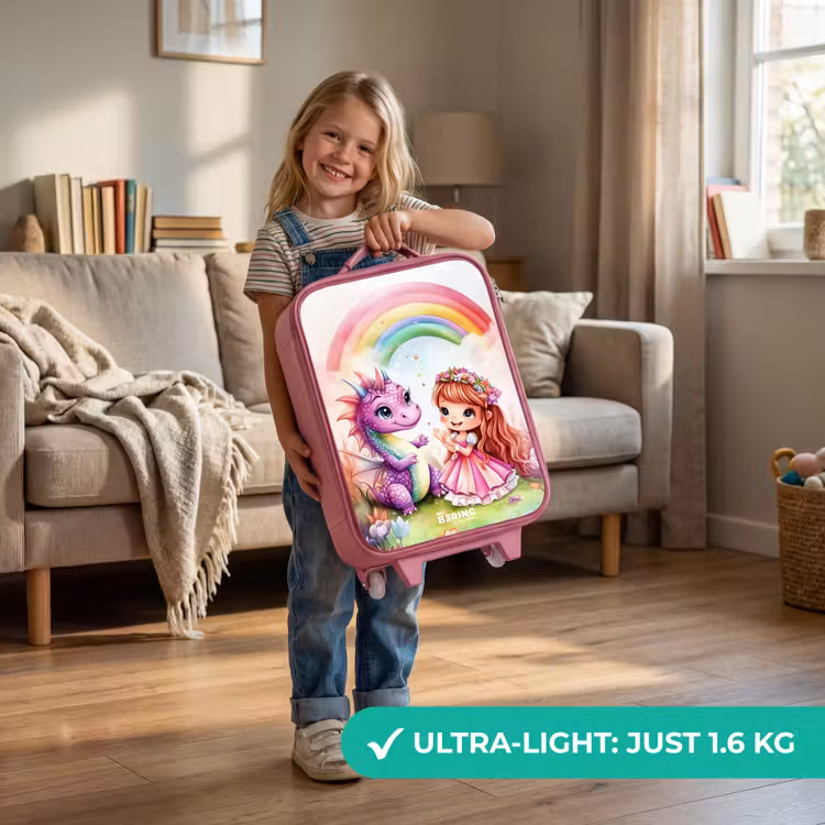 Meisje met paarse draak onder regenboog Kinderkoffer - Roze klein -sfeer2_EN