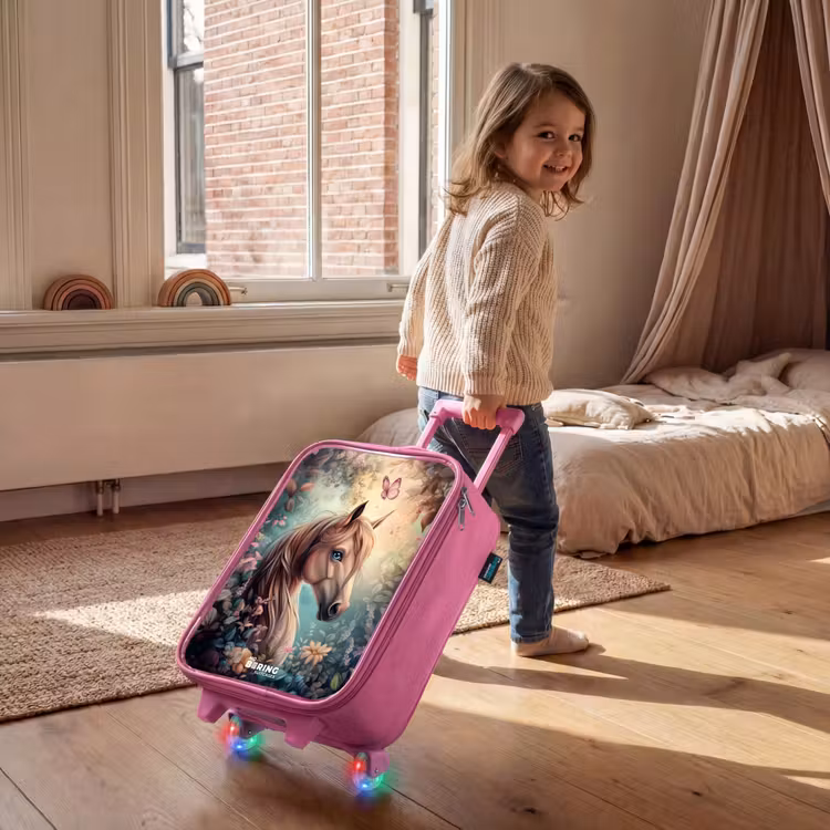 Paard met vlinders in bloementuin Kinderkoffer - Roze klein -sfeer1