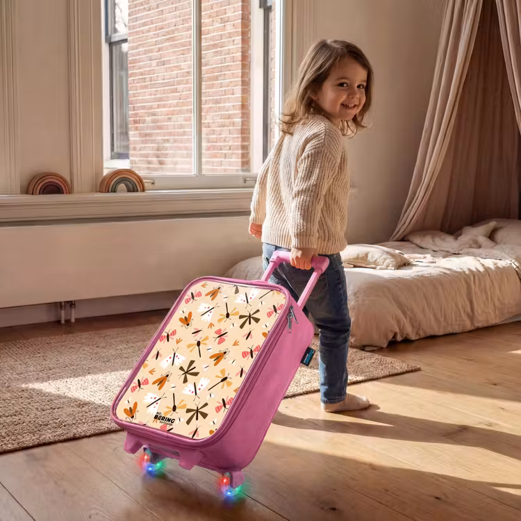 Insectenpatroon in bruin, roze en oranje op beige achtergrond Kinderkoffer - Roze klein -sfeer1