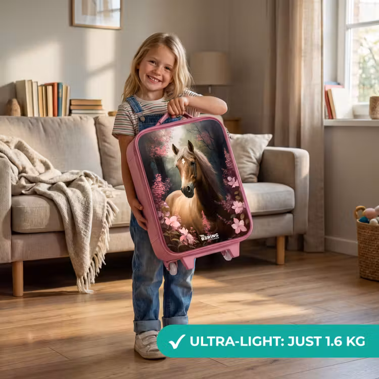 Lichtbruin paard tussen de roze bloemen Kinderkoffer - Roze klein -sfeer2_EN