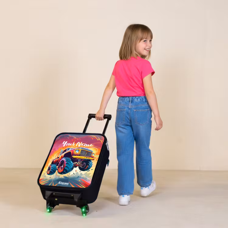 Roze Monstertruck Vliegt over het Asfalt Kinderkoffer - Zwart klein -sfeer1
