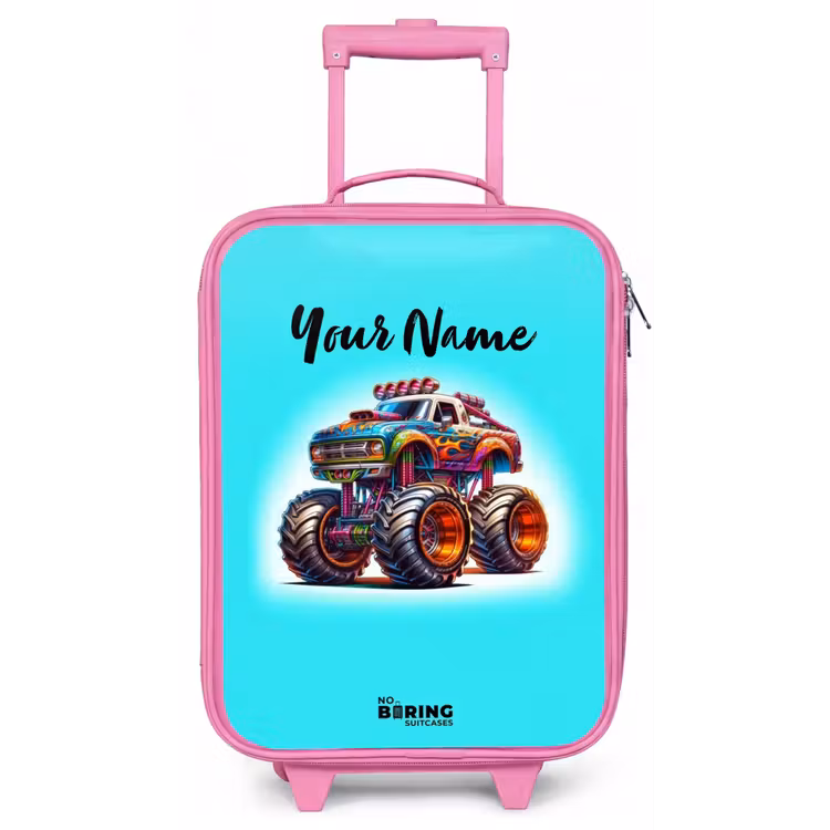 Monstertruck op Lichtblauwe Achtergrond Kinderkoffer - Roze klein -zz3dotto