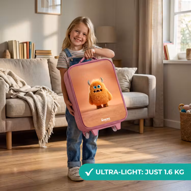 Oranje Pluizig Monster met Hoorns Kinderkoffer - Roze klein -sfeer2_EN