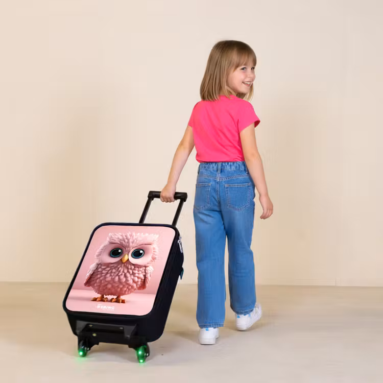 Roze uil met blauwe ogen Kinderkoffer - Zwart klein -sfeer1