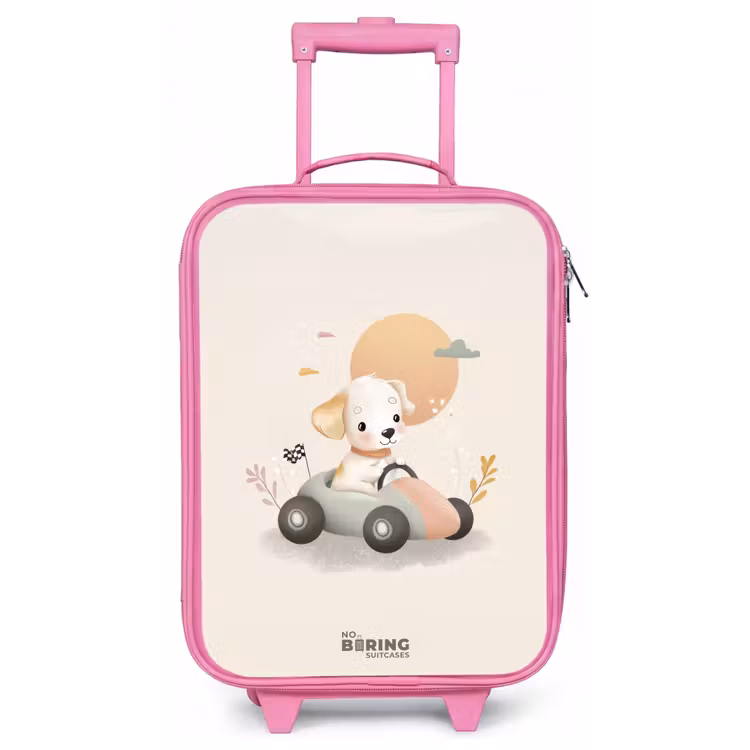 Puppy in een raceauto in beige kleuren Kinderkoffer - Roze klein -zz3dotto