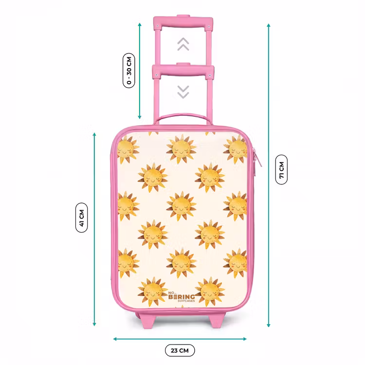 Lachende zonnetjes als patroon op beige achtergrond Kinderkoffer - Roze klein -productfoto_formaten