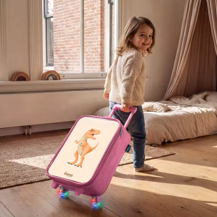 T-rex dino in oranje kleuren Kinderkoffer - Roze klein -sfeer1