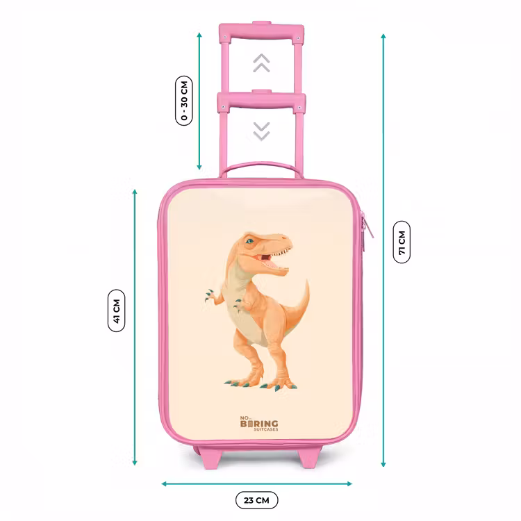 T-rex dino in oranje kleuren Kinderkoffer - Roze klein -productfoto_formaten
