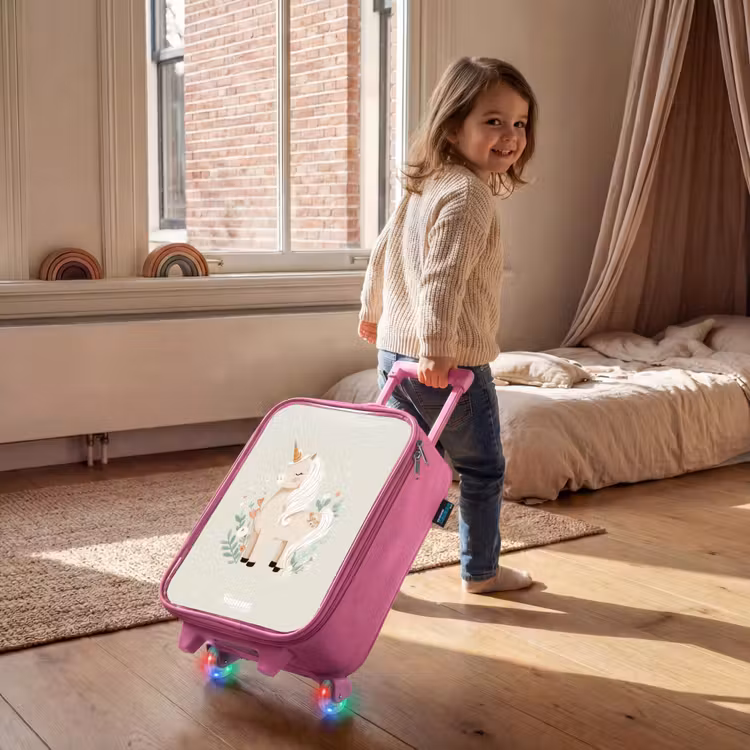 Eenhoorn tussen bloemen in beige kleuren Kinderkoffer - Roze klein -sfeer1