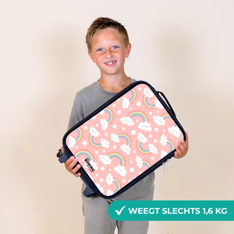Roze met regenboog patroon Kinderkoffer - Zwart klein -sfeer4_NL
