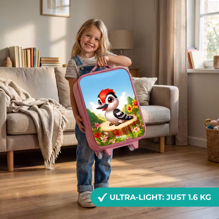 Specht op en boomstronk Kinderkoffer - Roze klein -sfeer2_EN