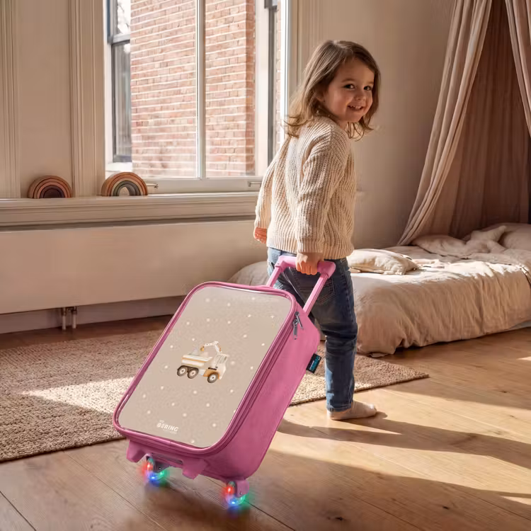 Gele kiepwagen met stenen en stippenpatroon Kinderkoffer - Roze klein -sfeer1