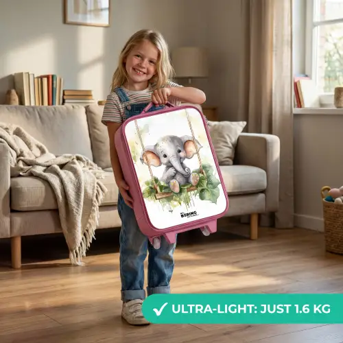 Jong olifantje op een schommel waterverf tekening Kinderkoffer - Roze klein -sfeer2_EN