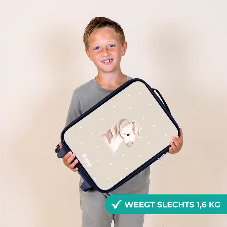 Eenhoorn omringd door stippen in beige kleuren Kinderkoffer - Zwart klein -sfeer4_NL