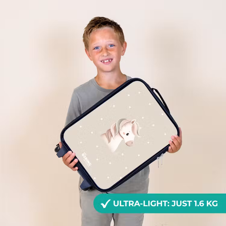 Eenhoorn omringd door stippen in beige kleuren Kinderkoffer - Zwart klein -sfeer4_UK