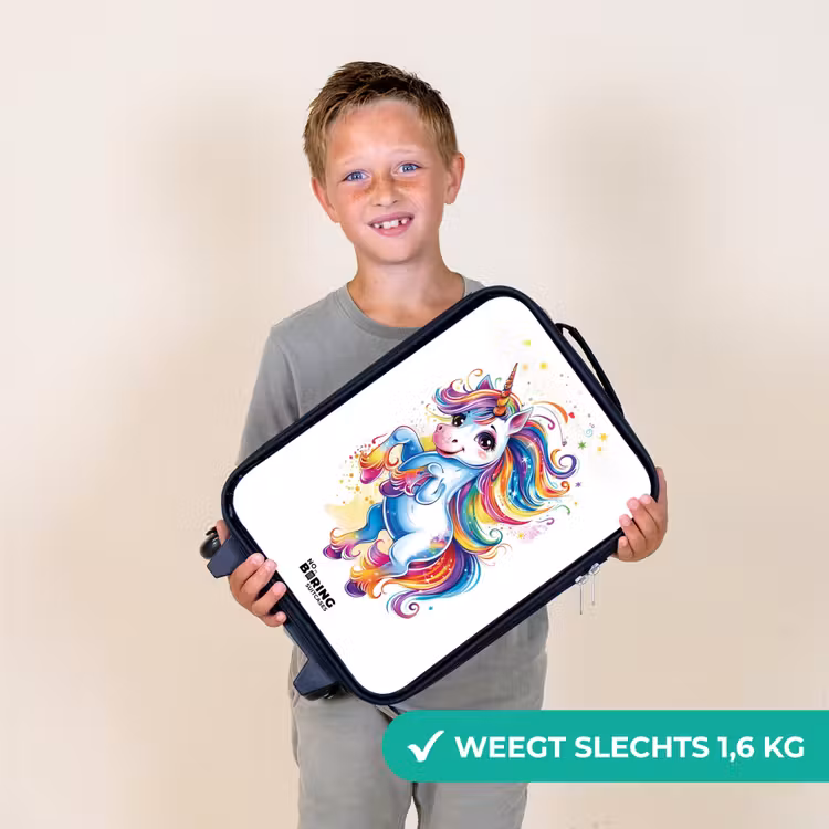 Steigerende Eenhoorn met Regenboogmanen Kinderkoffer - Zwart klein -sfeer4_NL