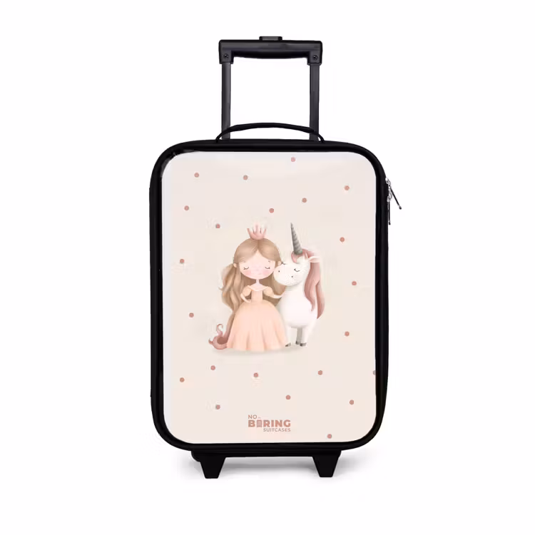 Prinses en een eenhoorn in pastel kleuren Kinderkoffer - Zwart klein -3d