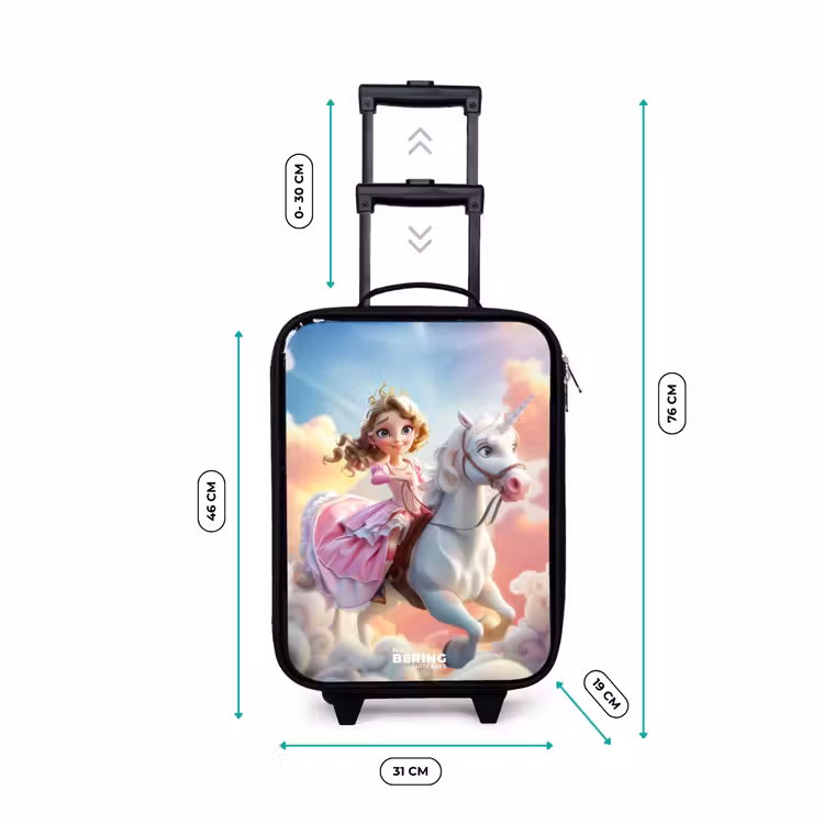 Prinses op een eenhoorn tussen de wolken Kinderkoffer - Zwart klein -productfoto_formaten