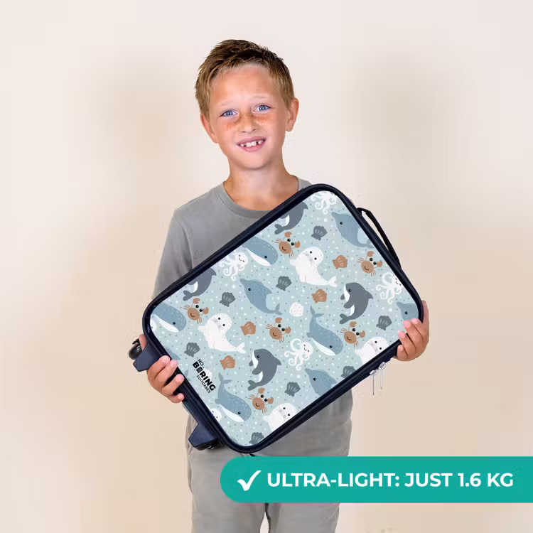 Zeedierenpatroon met dolfijnen, zeehonden en krabben Kinderkoffer - Zwart klein -sfeer4_UK
