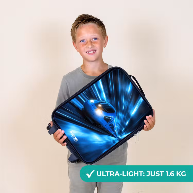 Supersnelle trein in neonblauwe tunnel Kinderkoffer - Zwart klein -sfeer4_UK