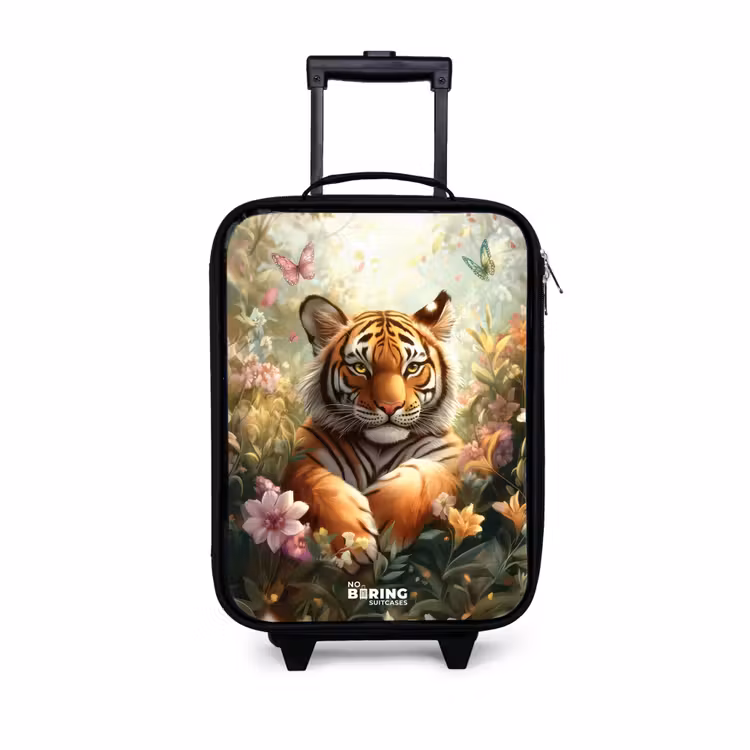 Tijger in bloemenveld met vlinders en zonlicht Kinderkoffer - Zwart klein -3d