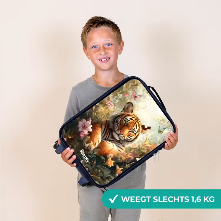 Tijger in bloemenveld met vlinders en zonlicht Kinderkoffer - Zwart klein -sfeer4_NL