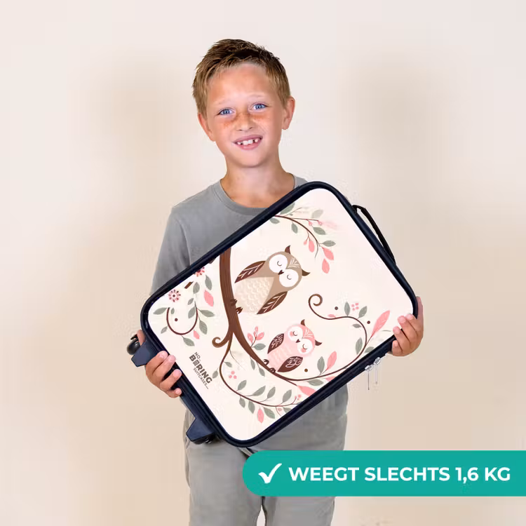 Twee uilen op een tak met roze en groene bladeren Kinderkoffer - Zwart klein -sfeer4_NL