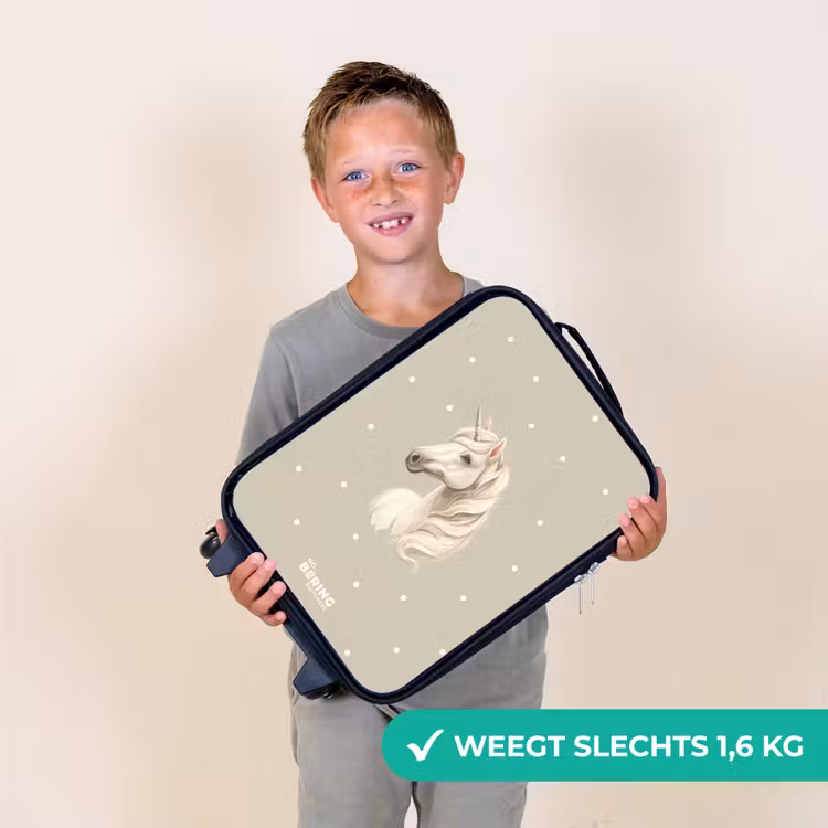 Eenhoorn omringd door stippen in neutrale kleuren Kinderkoffer - Zwart klein -sfeer4_NL