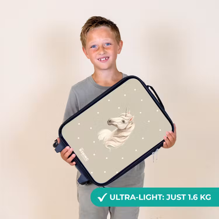 Eenhoorn omringd door stippen in neutrale kleuren Kinderkoffer - Zwart klein -sfeer4_UK