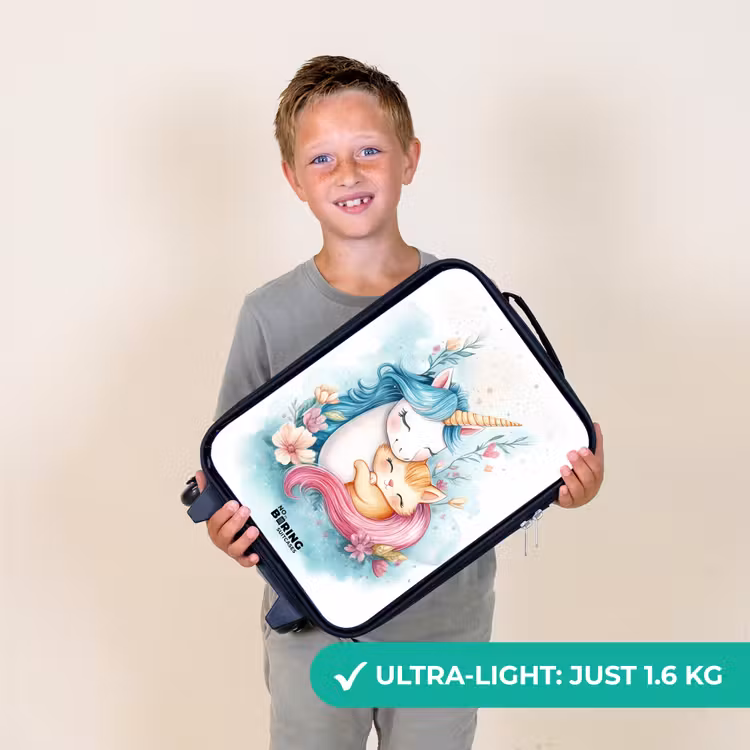 Eenhoorn met blauwe manen en oranje kitten Kinderkoffer - Zwart klein -sfeer4_UK