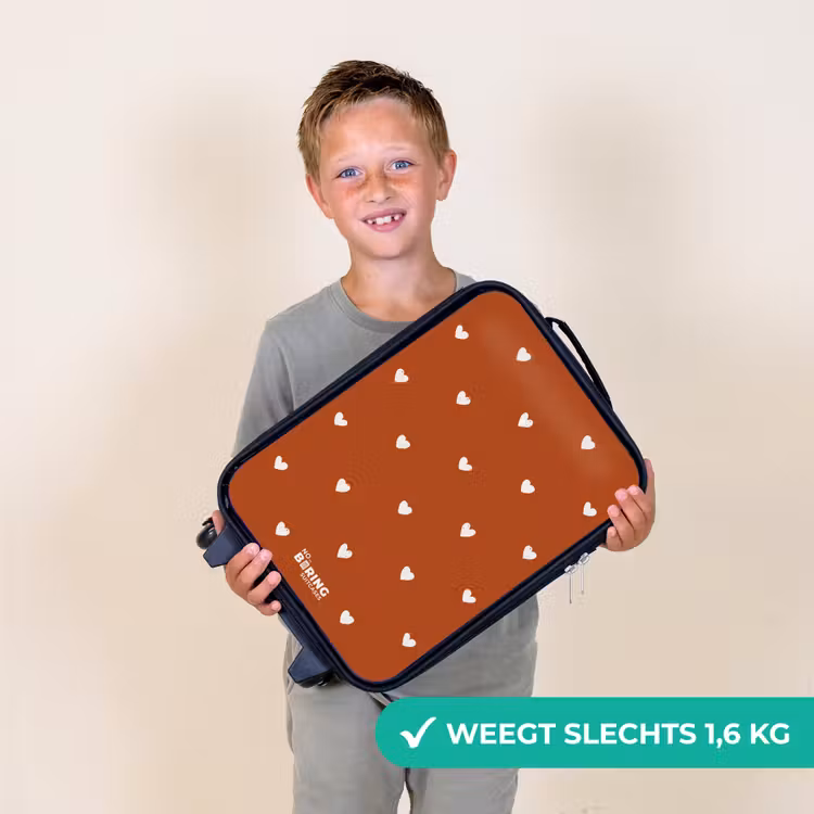 Wit hartjespatroon op oranje bruine achtergrond Kinderkoffer - Zwart klein -sfeer4_NL