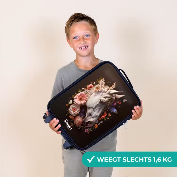 Wit paardenhoofd tussen kleurrijke bloemenkrans Kinderkoffer - Zwart klein -sfeer4_NL