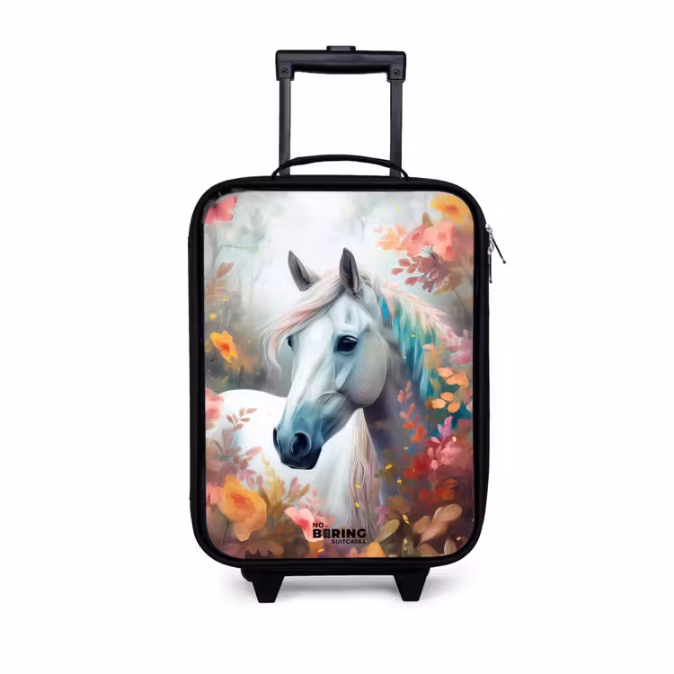 Wit paard omringd door bloemen Kinderkoffer - Zwart klein -3d