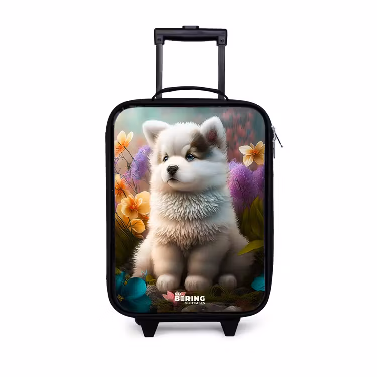 Witte puppy in een bloemenweide Kinderkoffer - Zwart klein -3d