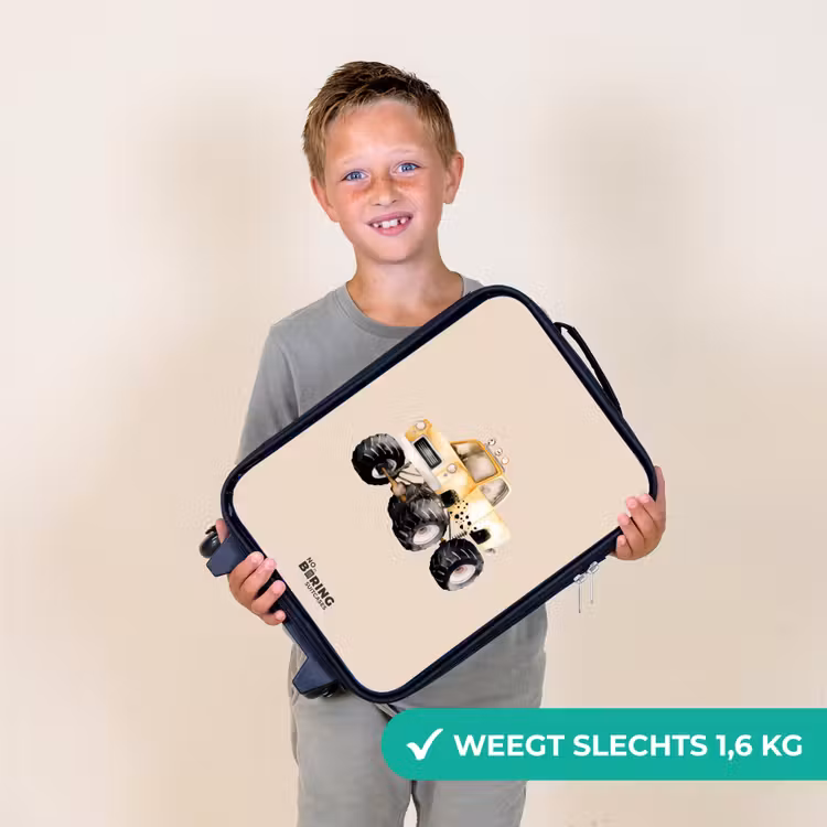Gele monstertruck op een beige achtergrond Kinderkoffer - Zwart klein -sfeer4_NL