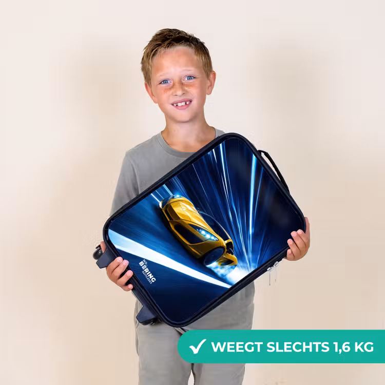Gele sportwagen in lichttunnel van snelheid Kinderkoffer - Zwart klein -sfeer4_NL